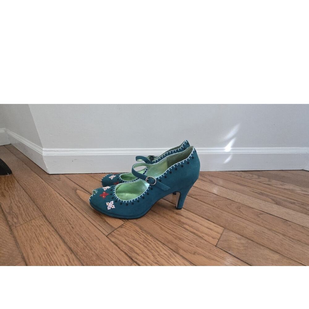 SE Boutique sam edelman green embroidered Peep Toe Rockabilly mary jane heel 8 M - Picture 5 of 7